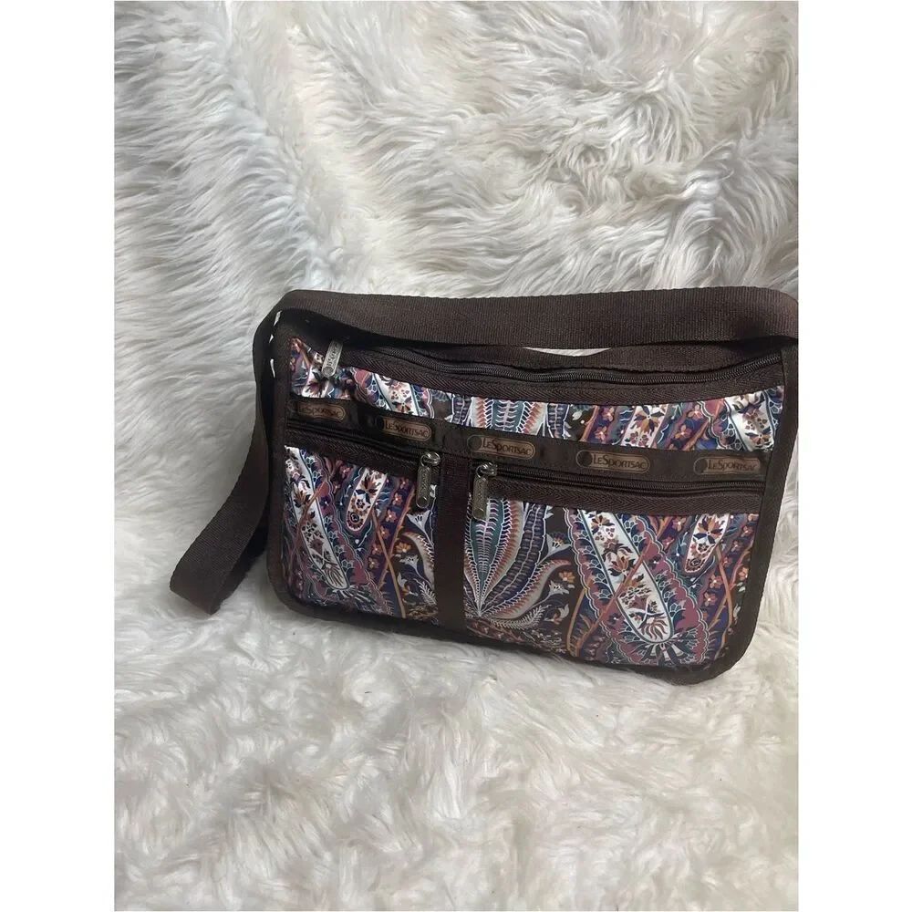 LeSportsac Fabric Multicolor Paisley Crossbody Bag .Brown trim & strap